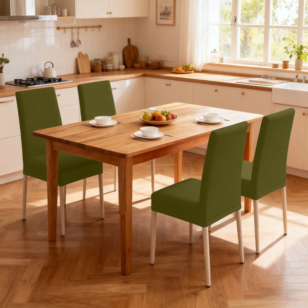 Cocina con cuatro sillas con fundas verde oliva