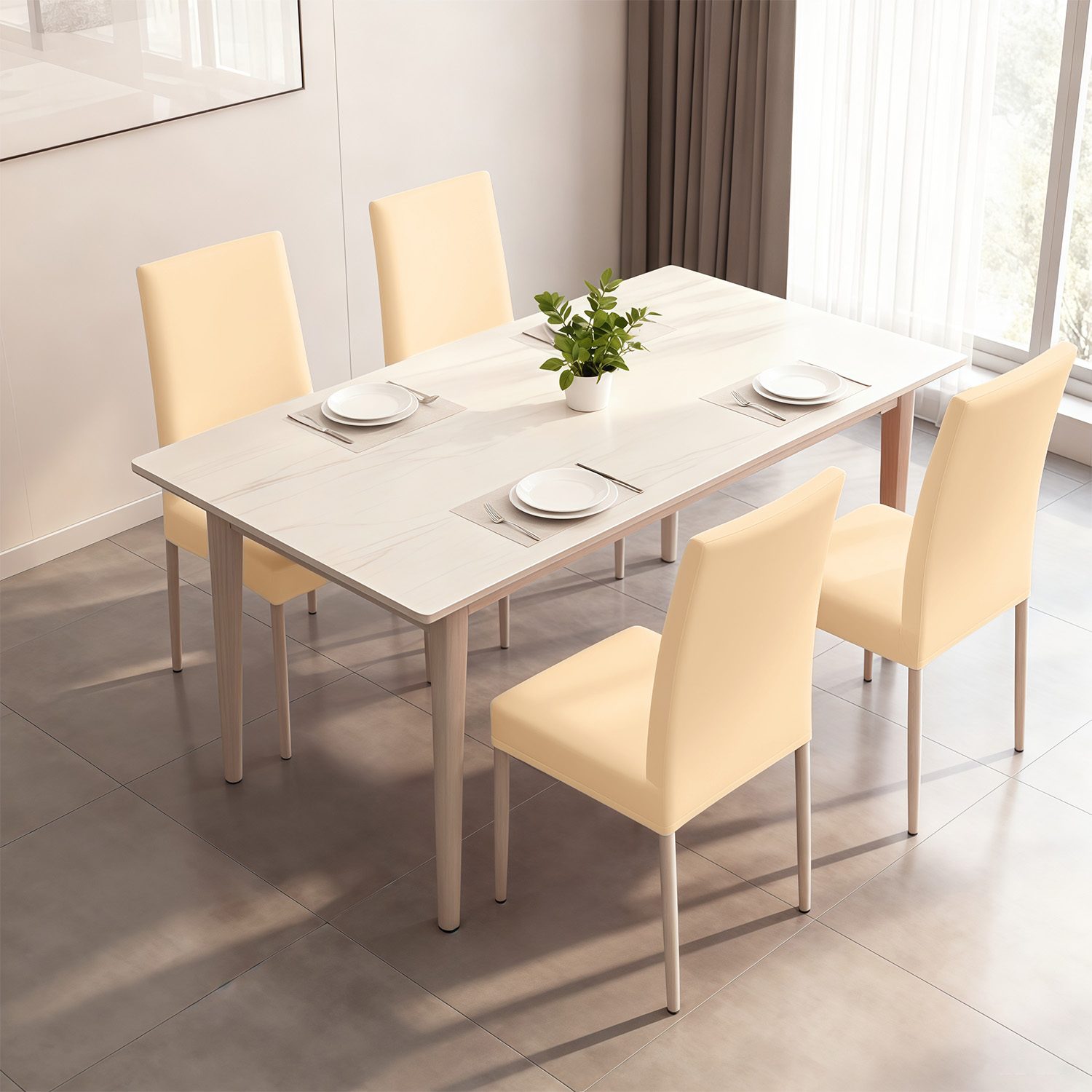 Mesa de comedor con sillas con fundas beige