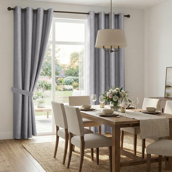 Comedor luminoso con cortinas jacquard grises de ojales